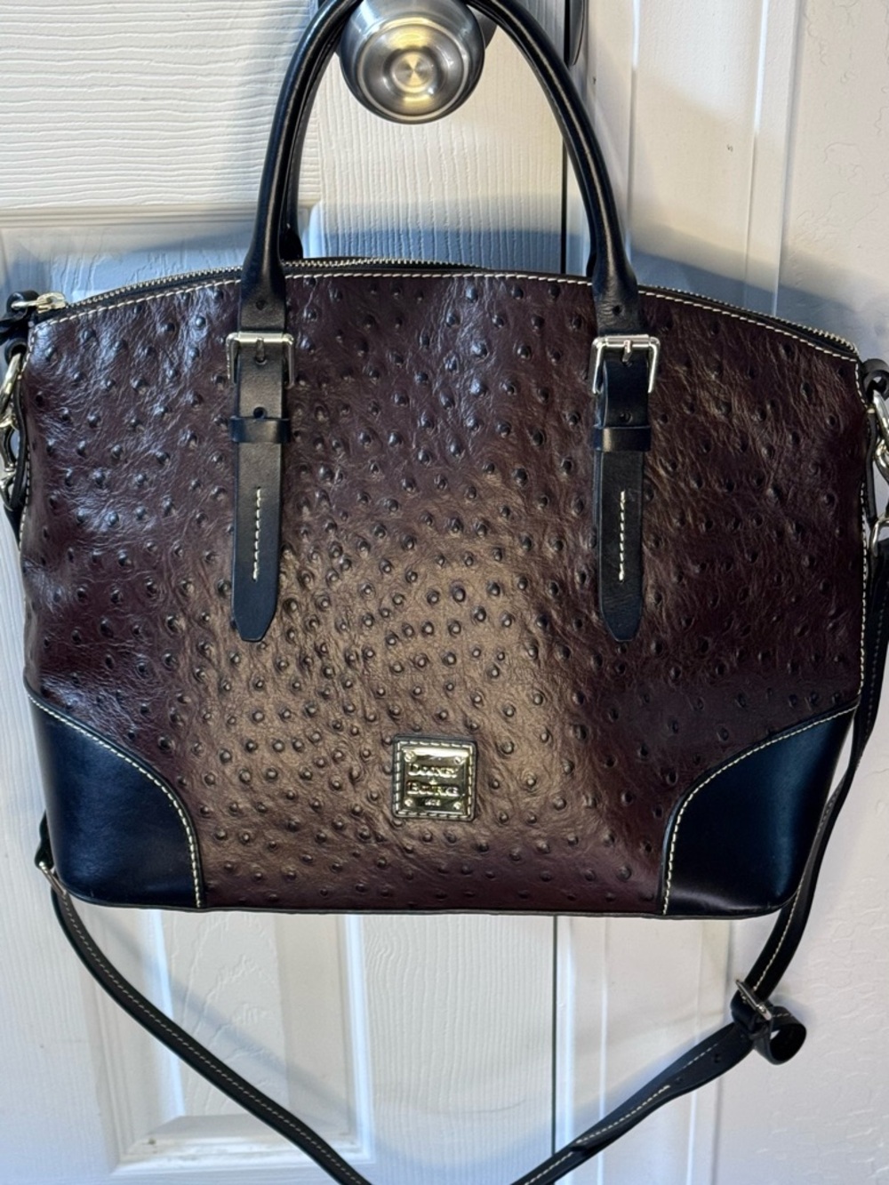 Dooney & Bourke Brown and Black Ostrich-Embossed Satchel